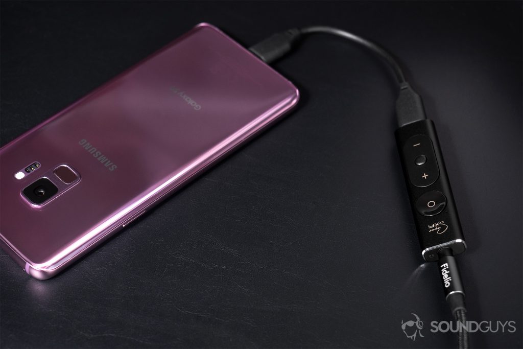 Creative Super X-Fi Amp: Samsung S9 lilac with the amp plugged into the USB-C port.