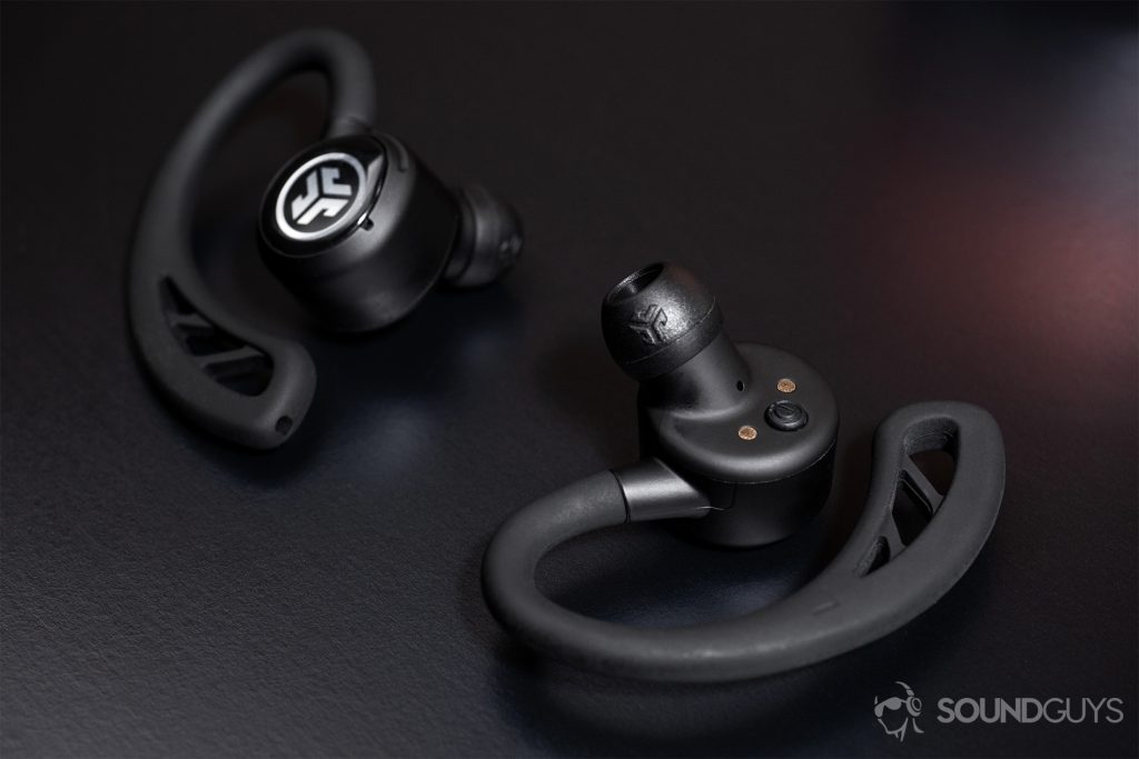 JLab Epic Air Elite: Solo image of the earbuds, showing that there is a power button on the interior of each housing.