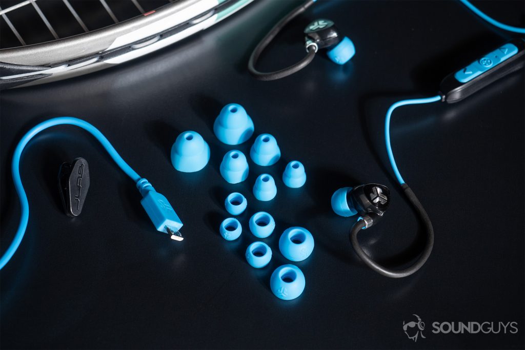 JLab Fit Sport Wireless: The earbuds and all of its inclusions: six pairs of spare ear tips, a shirt clip, and micro-USB cable.