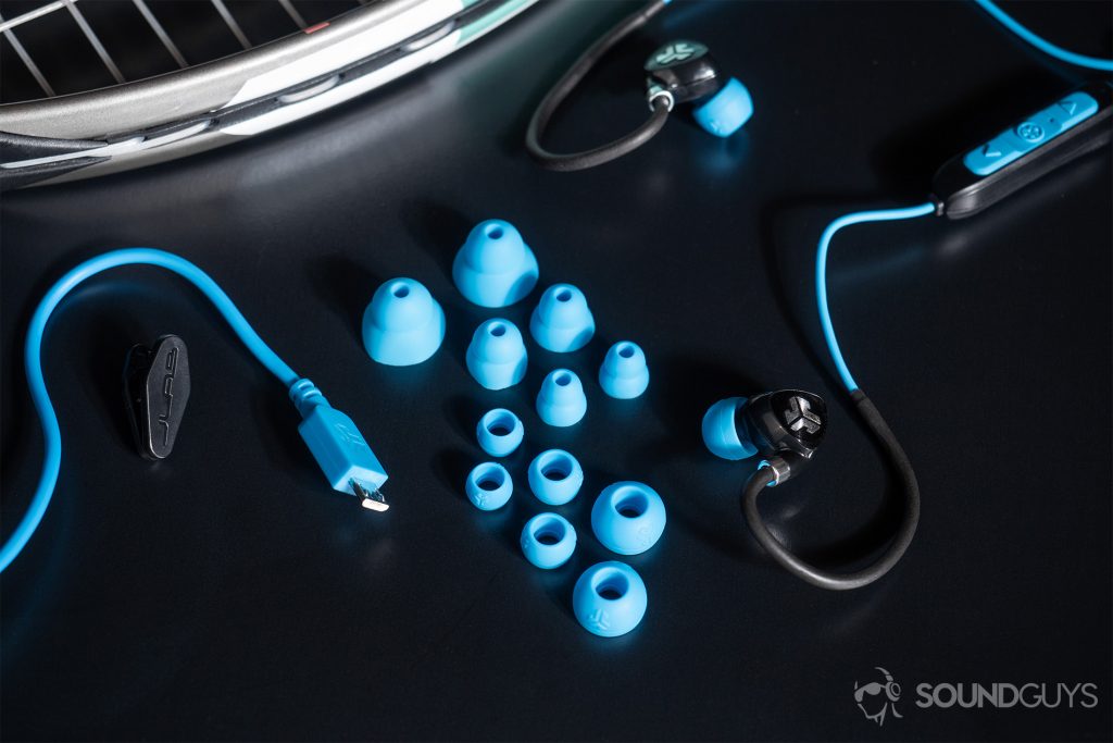 neckband earbuds - JLab Fit Sport Wireless: The earbuds and all of its inclusions: six pairs of spare ear tips, a shirt clip, and micro-USB cable.