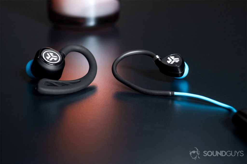 JLab Fit Sport Wireless: The JLab Epic Air Elite true wireless earbud next to the Fit Sport for a size comparison.