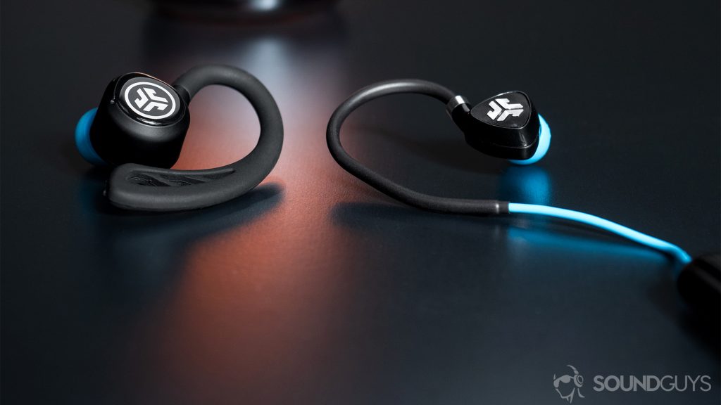 best workout earbuds - JLab Fit Sport Wireless: The JLab Epic Air Elite true wireless earbud next to the Fit Sport for a size comparison.