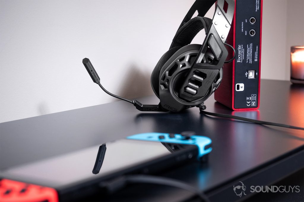 The headphones plugged into a Nintendo Switch.