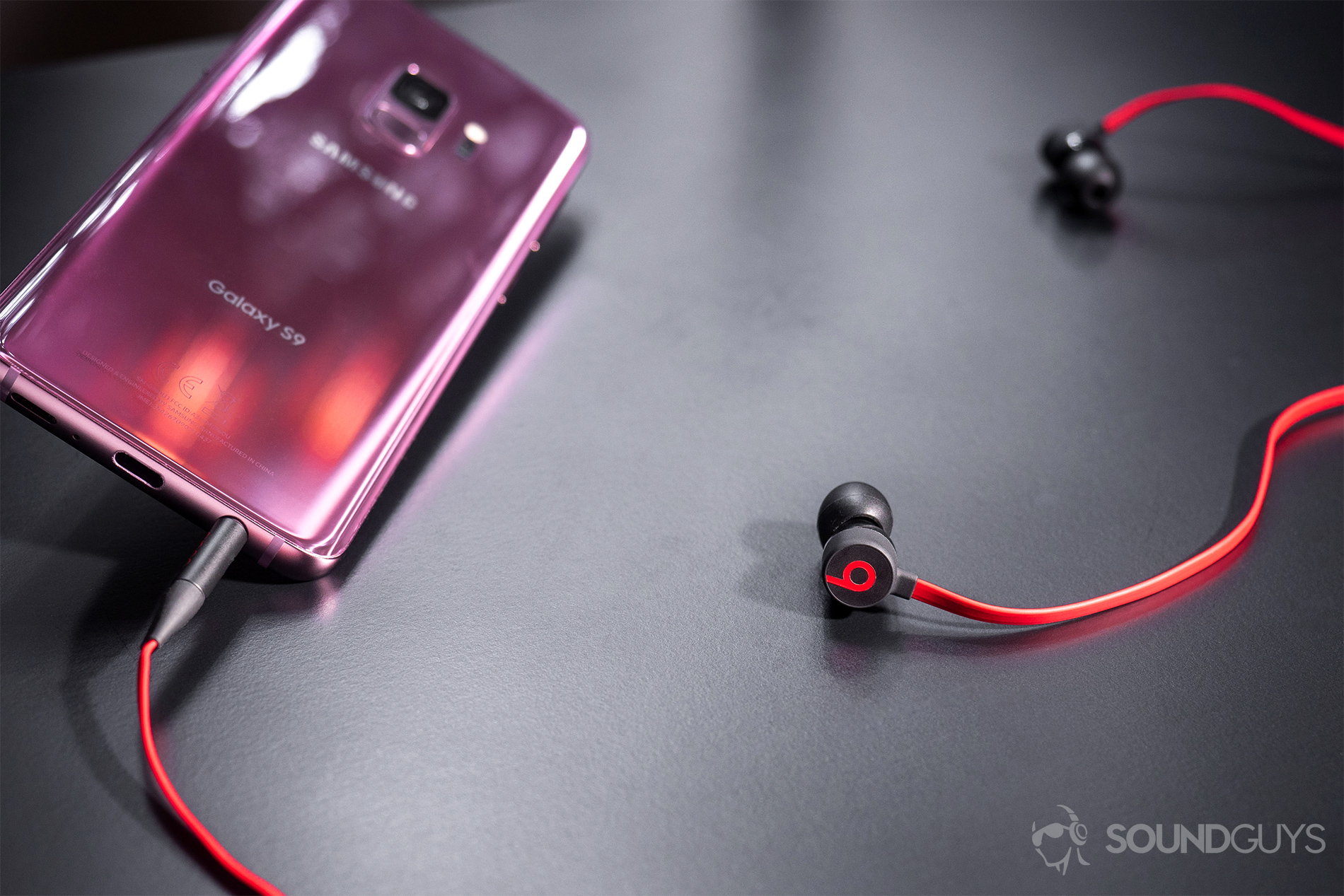 Beats urBeats3: The earbuds plugged into a Samsung Galaxy S9 (lilac).