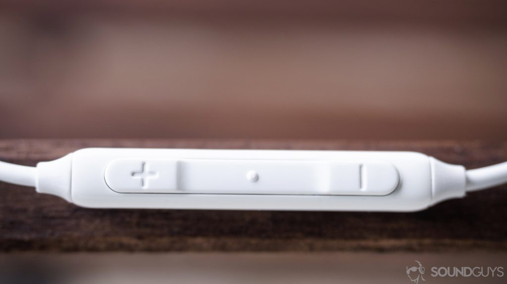 A top-down image of the The AKG Samsung Galaxy S10e earbuds' inline control module.