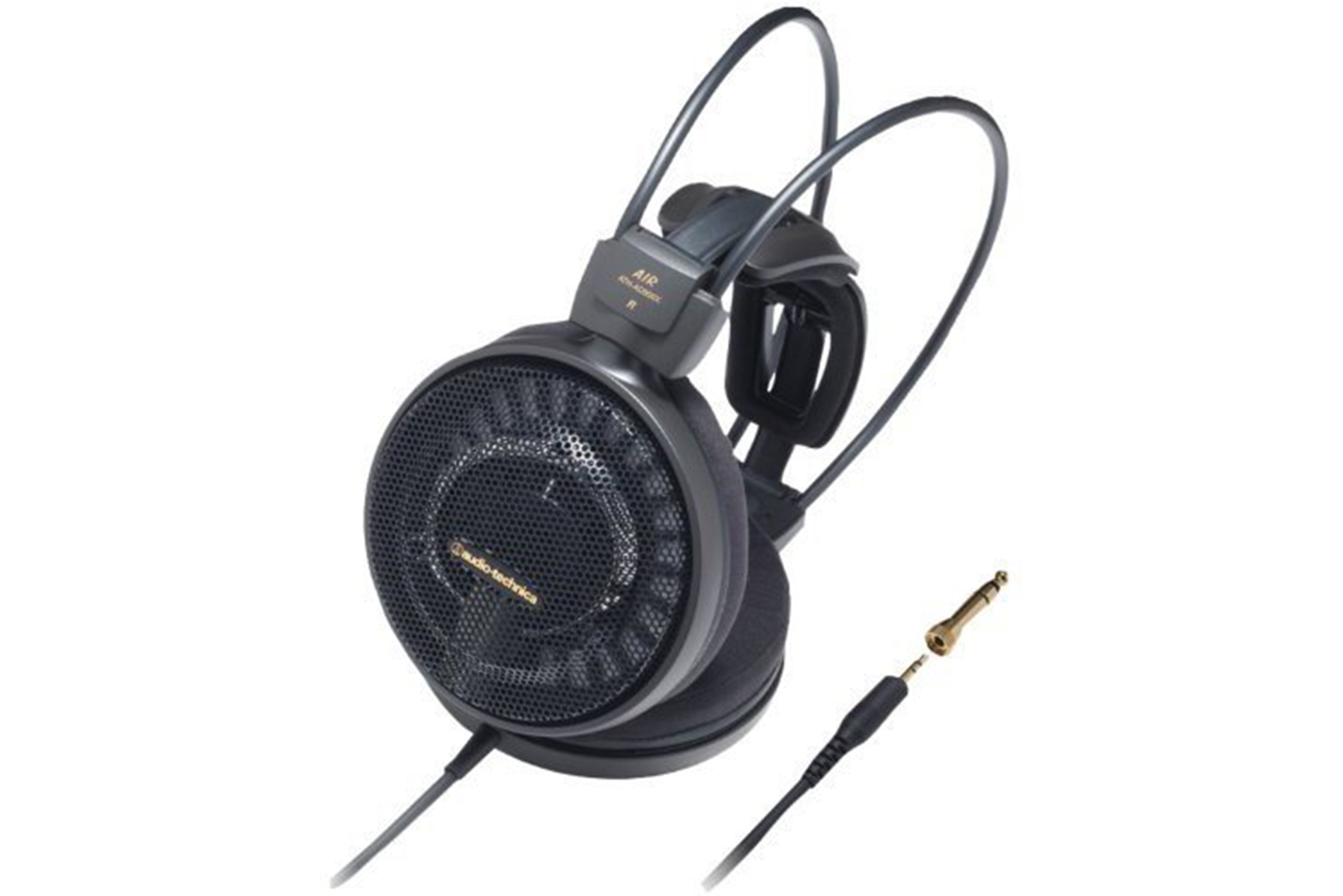 Audio-Technica ATH-AD900x-1 Audio-Technica ATH-AD900x headphones angled with the cable showing against a white background.