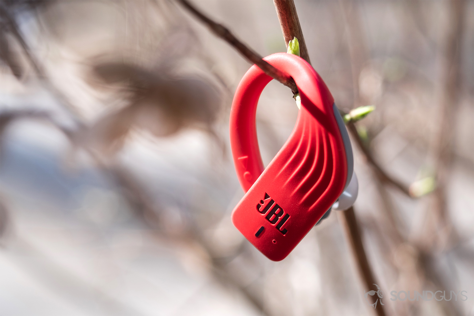 JBL Endurance Peak: Focus image of the right earbud dangling from branches.