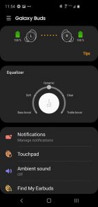Samsung Galaxy Buds Wearable app screenshot of the equalizer and menu settings.