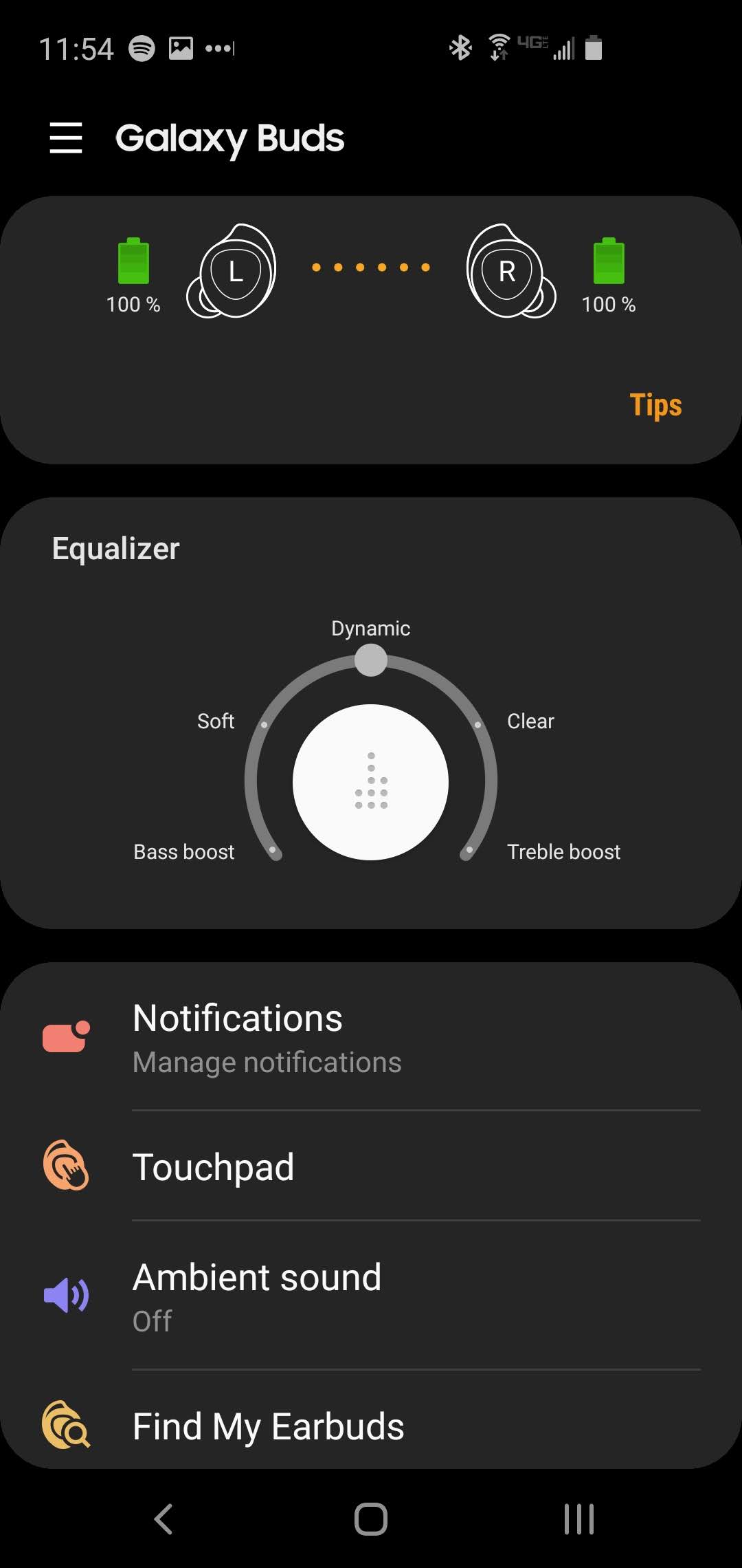 Samsung Galaxy Buds Wearable app screenshot of the equalizer and menu settings.