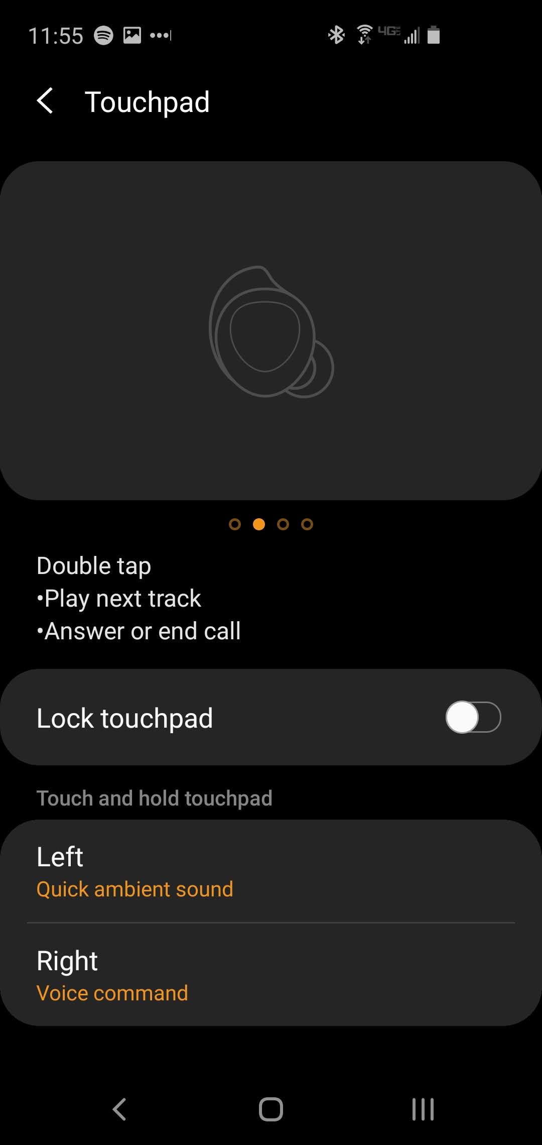 Samsung Galaxy Buds Wearable app screenshot of the equalizer and menu settings.