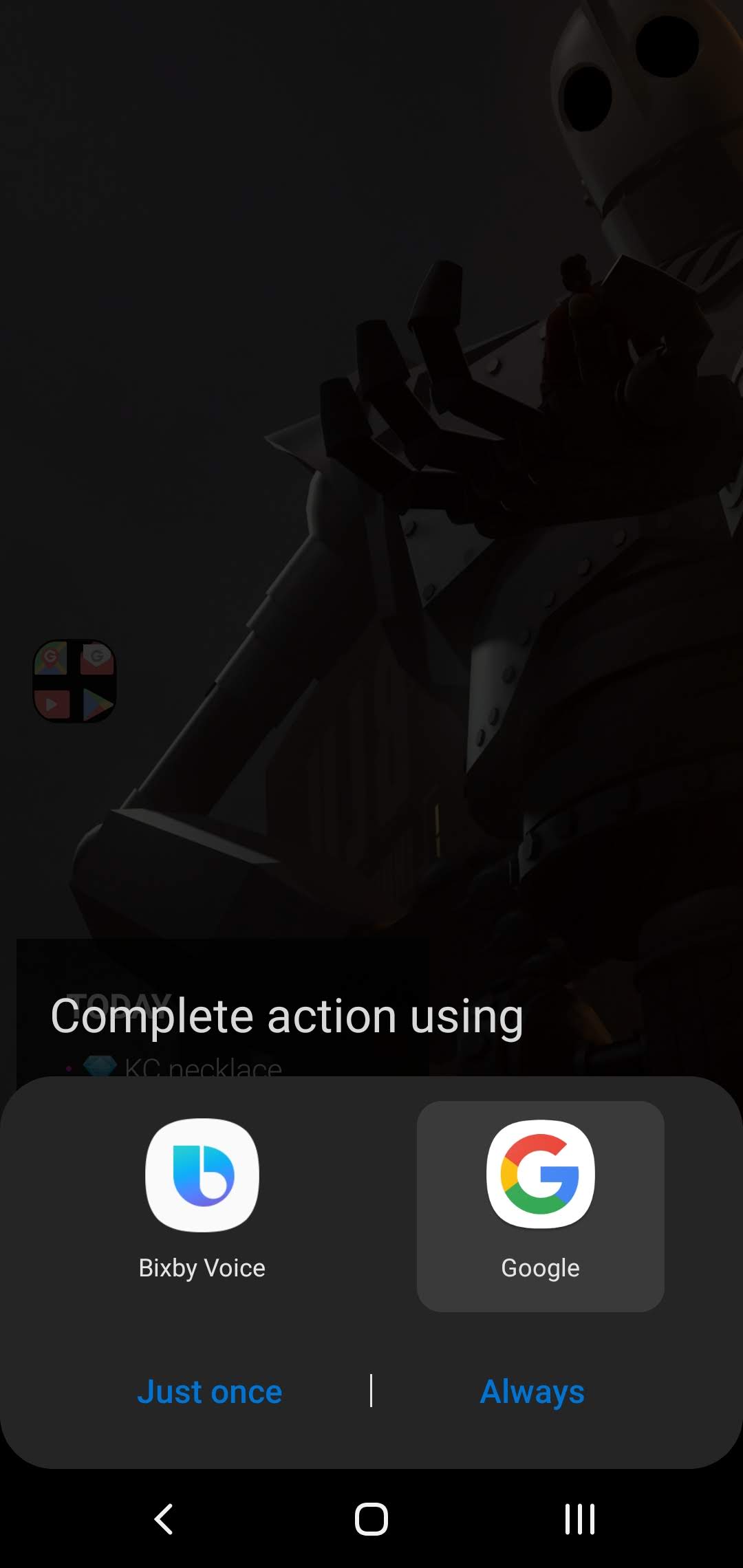 Samsung Galaxy Buds Wearable app screenshot of choosing Google Assistant over Bixby.