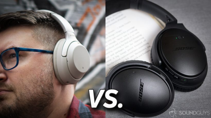 Pictured on the left is a man wearing the Sony WH-1000XM3 headphones and on the right are the Bose QC35 II on an open book. 