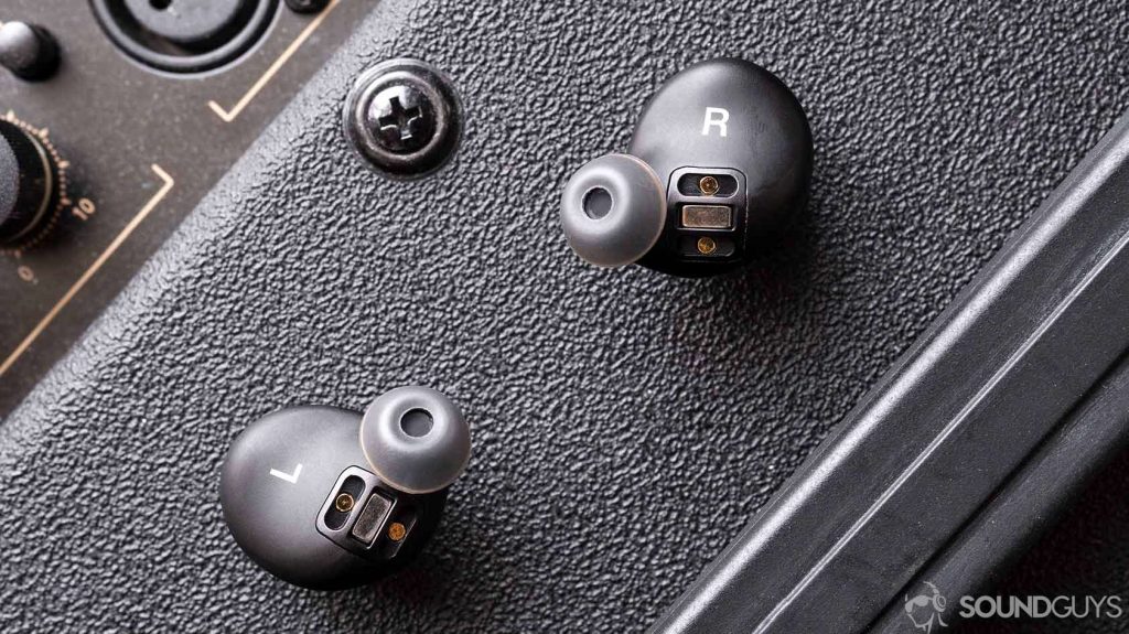 A top-down image of the Creative Outlier Air earbuds with the nozzles facing upward.