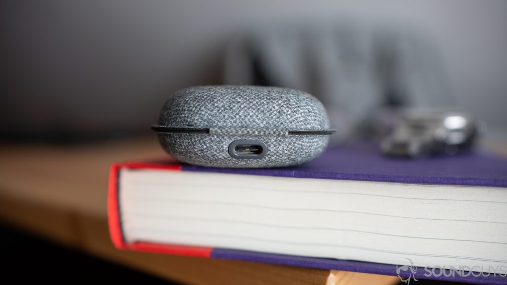 Close-up of the charging port of the Google Pixel Buds.