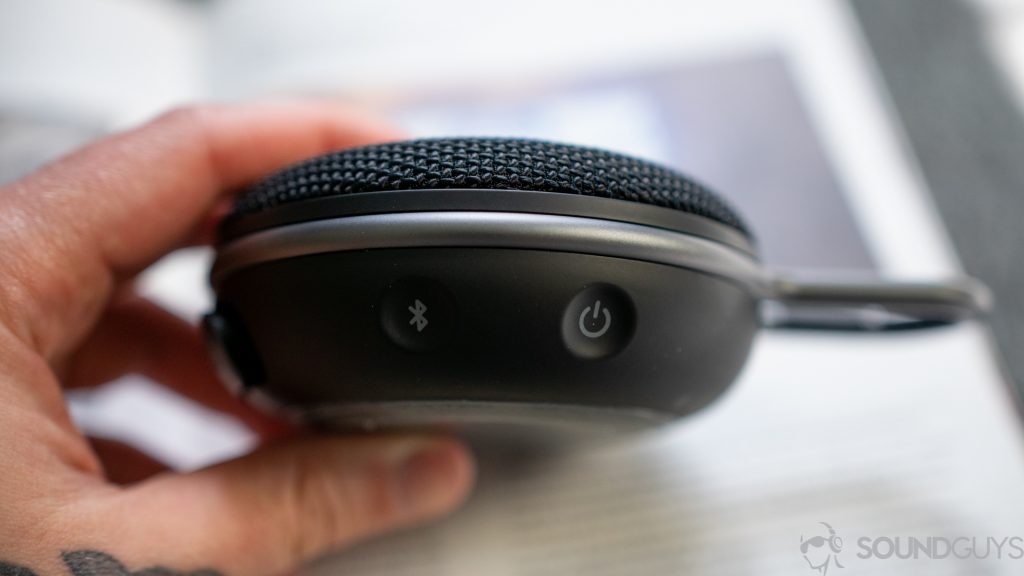 Close up of the JBL Clip 3 buttons for power and Bluetooth pairing.