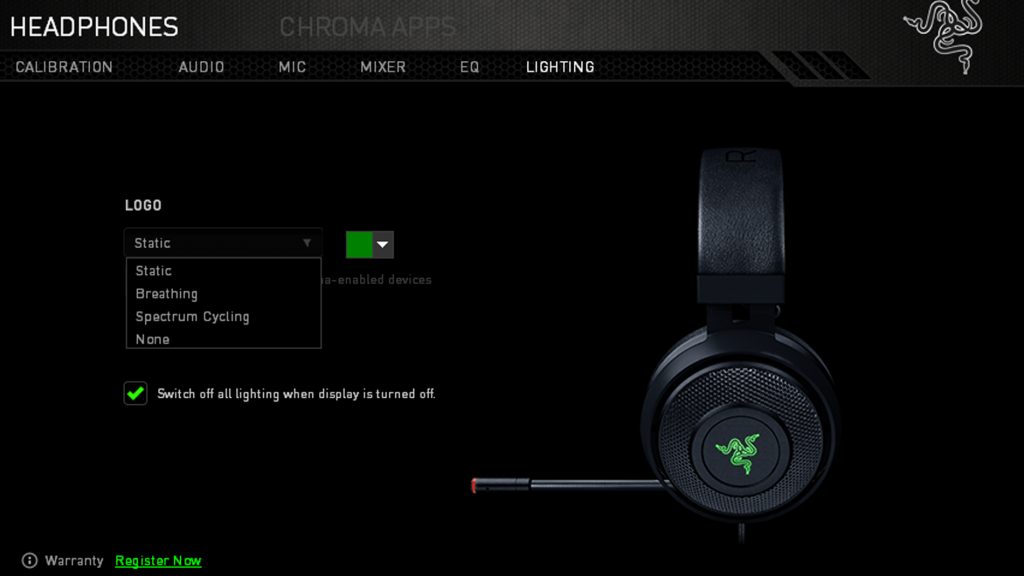 The Razer Kraken 7.1 v2 headset connected to the Razer synapse desktop application.