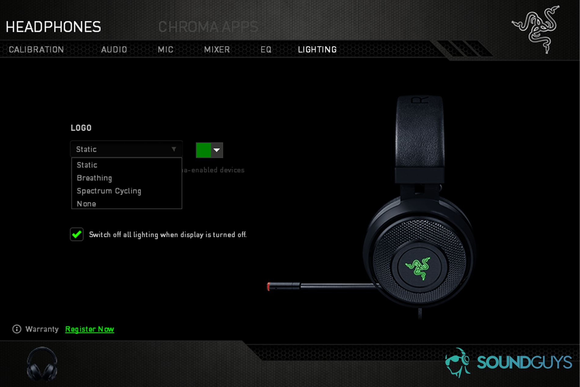 The Razer Kraken 7.1 v2 headset connected to the Razer synapse desktop application.