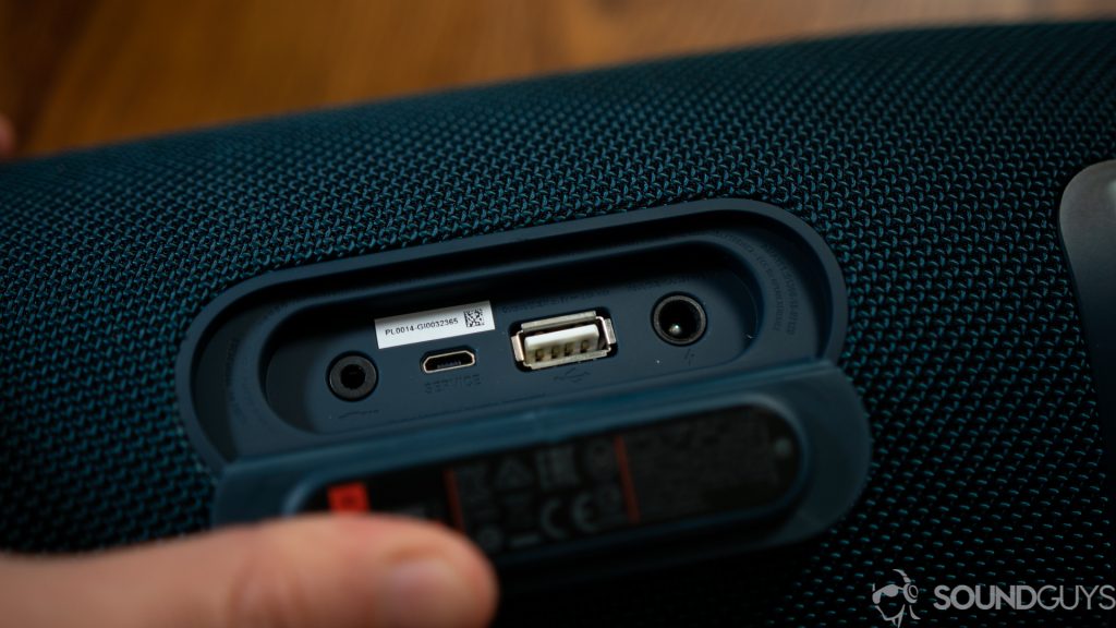 Close-up shot of the 3.5mm input, AC input, and USB output on the JBL Xtreme 2.