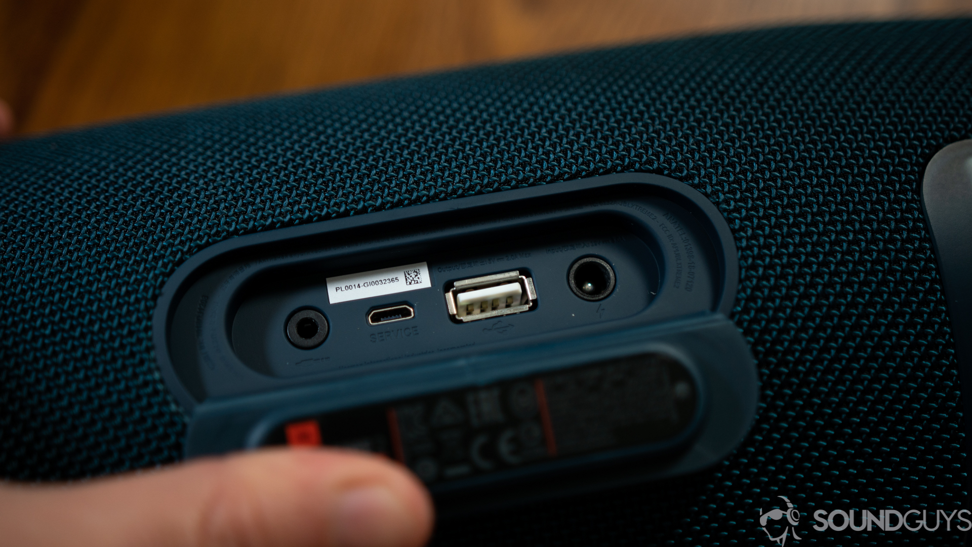 JBL Xtreme 2-4 Close-up shot of the 3.5mm input, AC input, and USB output on the JBL Xtreme 2.