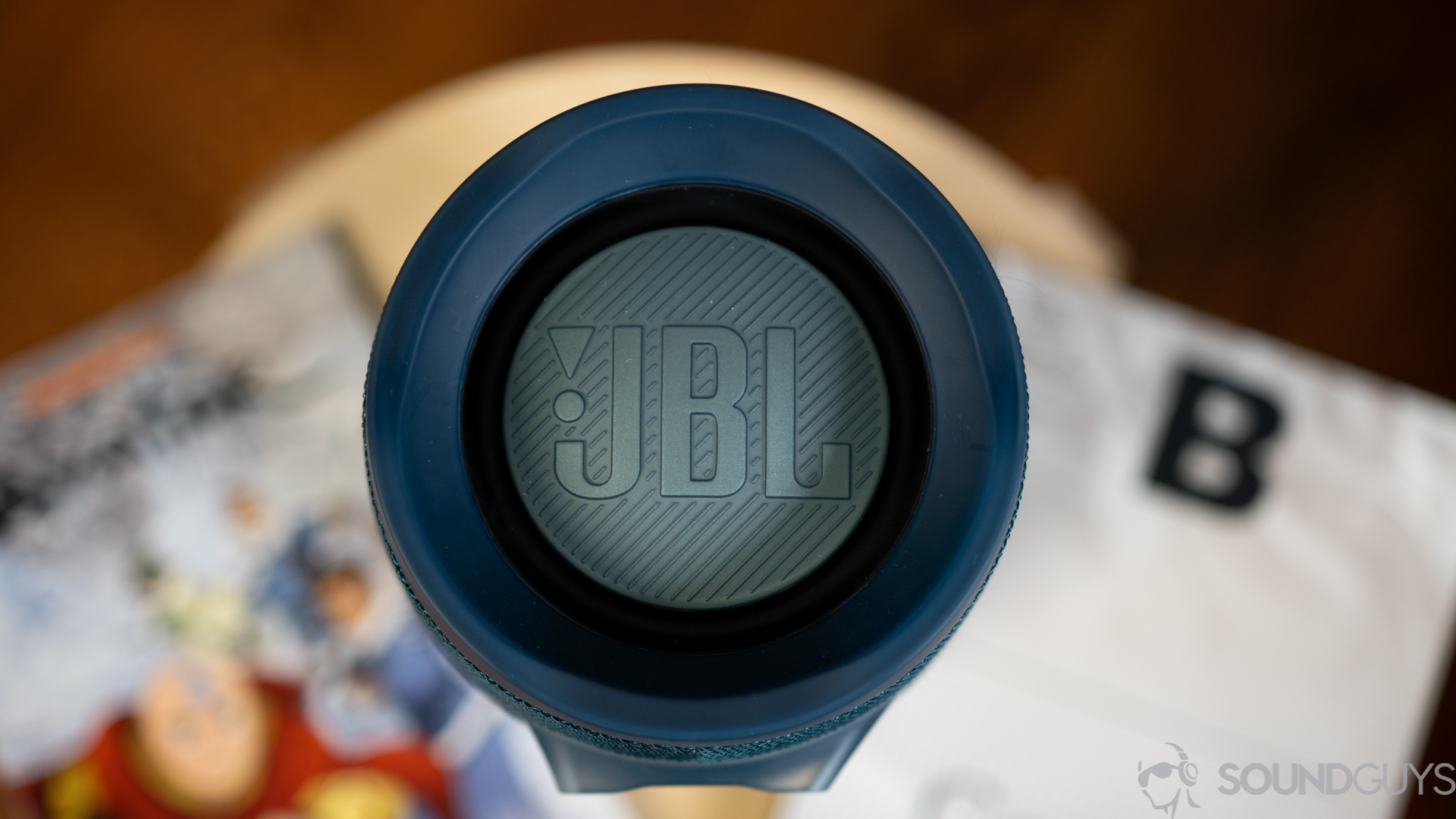 An aerial photo of the JBL logo on the dual passive radiators of the Xtreme 2.