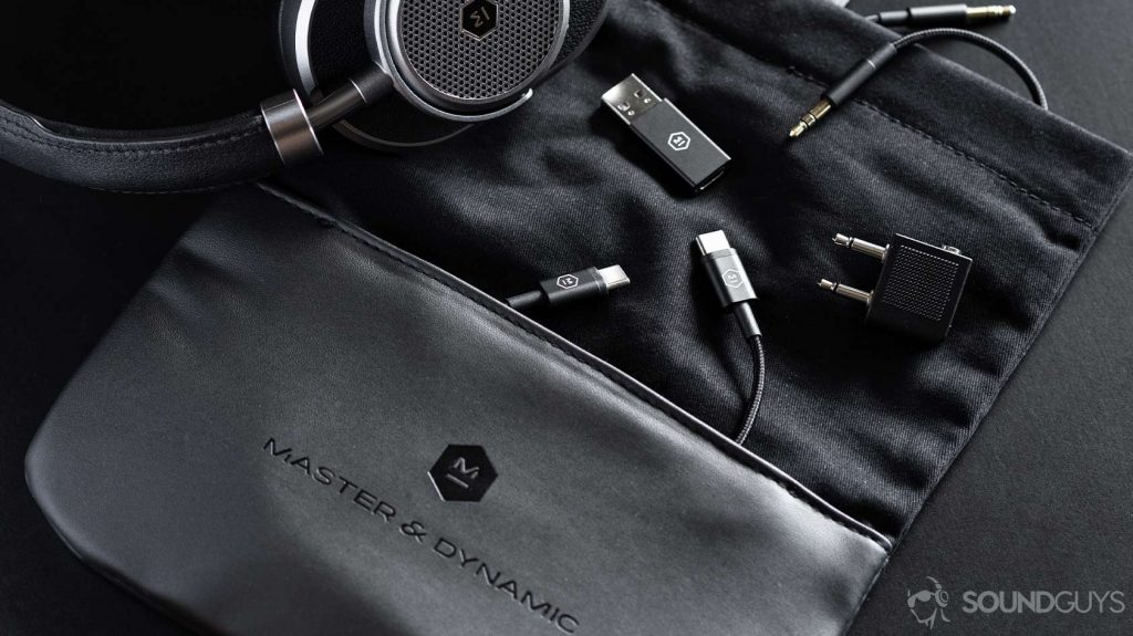 Master & Dynamic MW65: Aerial image of the carrying pouch and all accessories included.