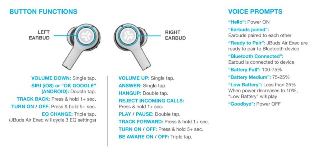 JLab JBuds Air Executive touch controls and voice prompts list.