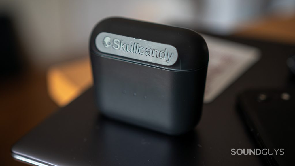 Pictured is the Skullcandy Indy charging case from the front.