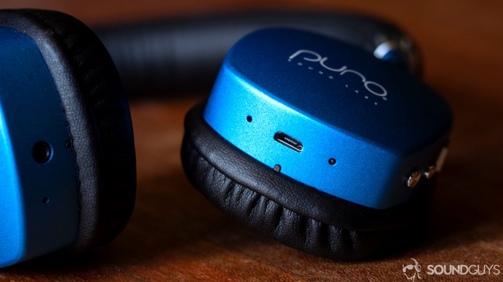 A photo of the Puro Sound Labs PuroQuiet's microUSB port, and its 3.5mm jack.