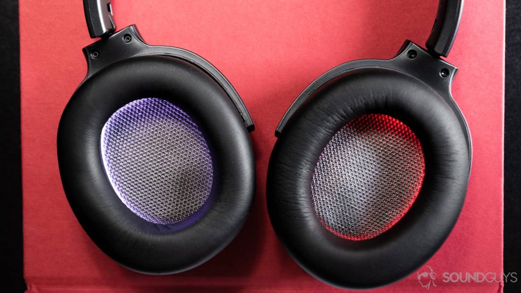 A picture of the Beyerdynamic Lagoon ANC ear cups which are white and red (lit by LEDs).