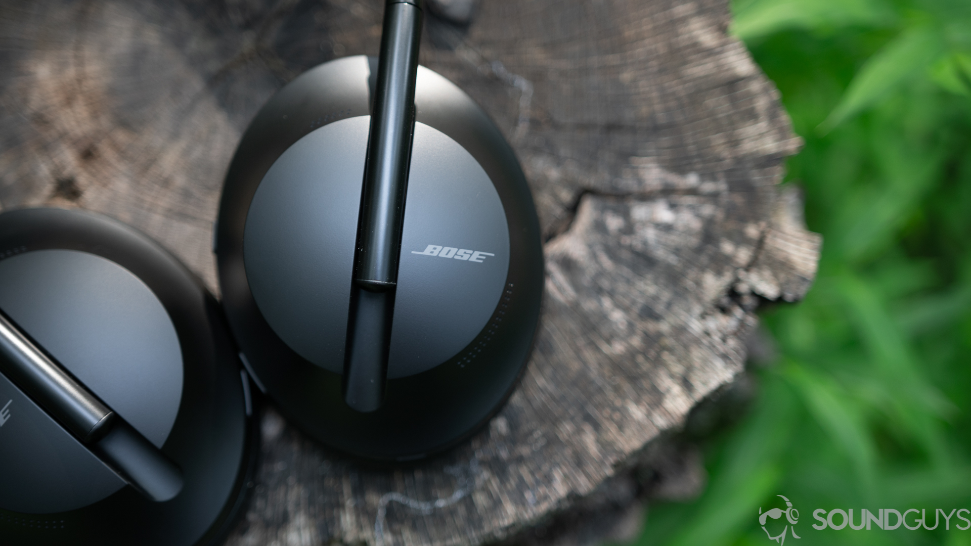 The Bose Noise Canceling Headphones 700 rest on a tree stump.