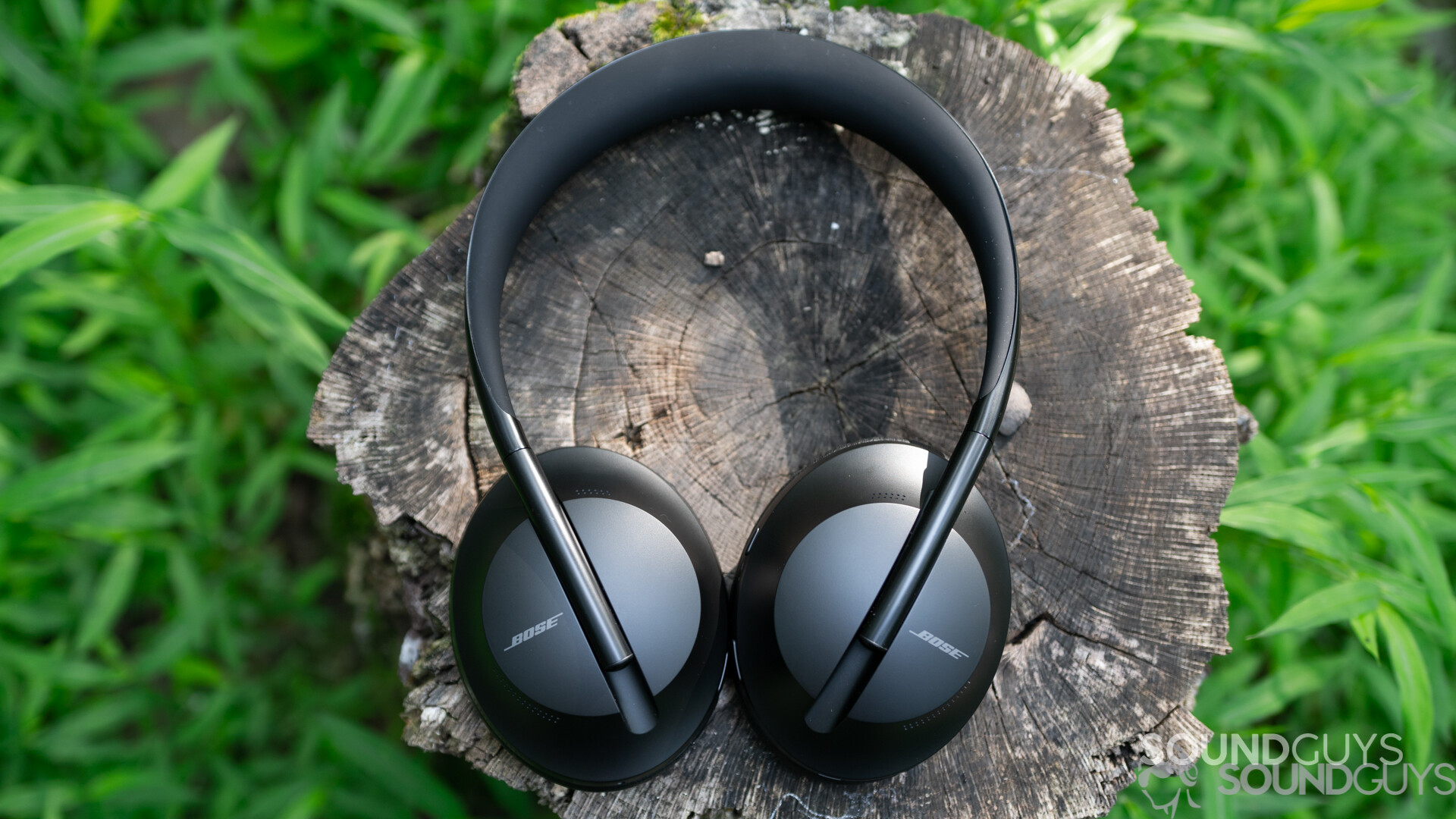 Bose Noise Canceling Headphones 700 pictured from above on top of a tree stump with grass in the background. 