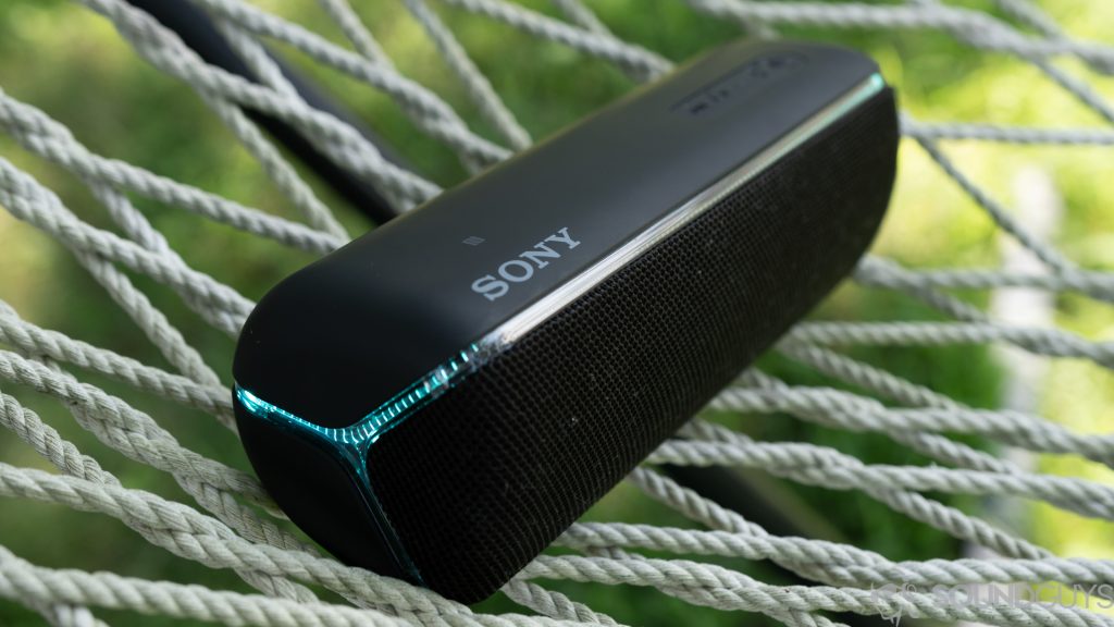 The Sony SRS-XB32 speaker on a hammock.