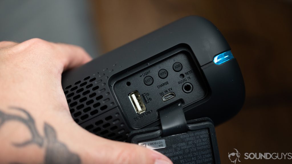 The Sony SRS-XB32 Bluetooth speaker has all of its ports safely underneath a waterproof flap.
