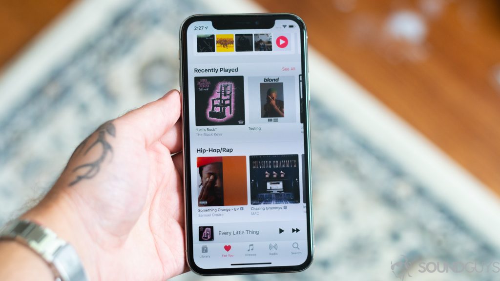 A picture of Apple Music UI on iPhone X which works with any Apple AirPods Pro alternatives.