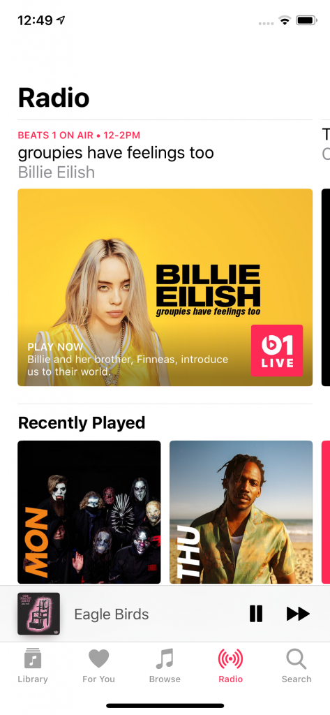 Screenshot of the radio tab in Apple Music on iOS. 