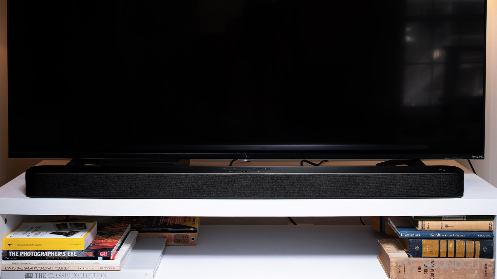 JBL_Link Bar-5_smart speaker soundbar TLC TV The JBL Link Bar resting directly beneath a TLC smart TV.