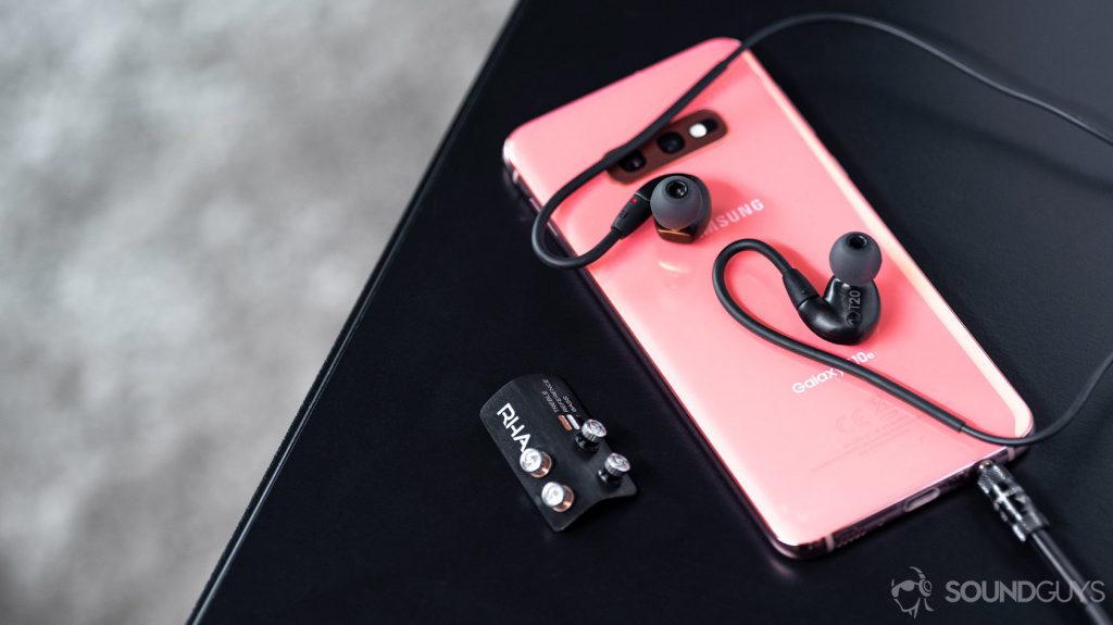 RHA T20 Wireless earbuds on a Samsung Galaxy S10e.
