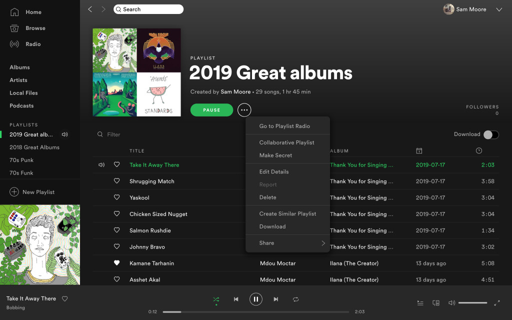 A screenshot of the Spotify online app showing a playlist called "2019 Great Albums".