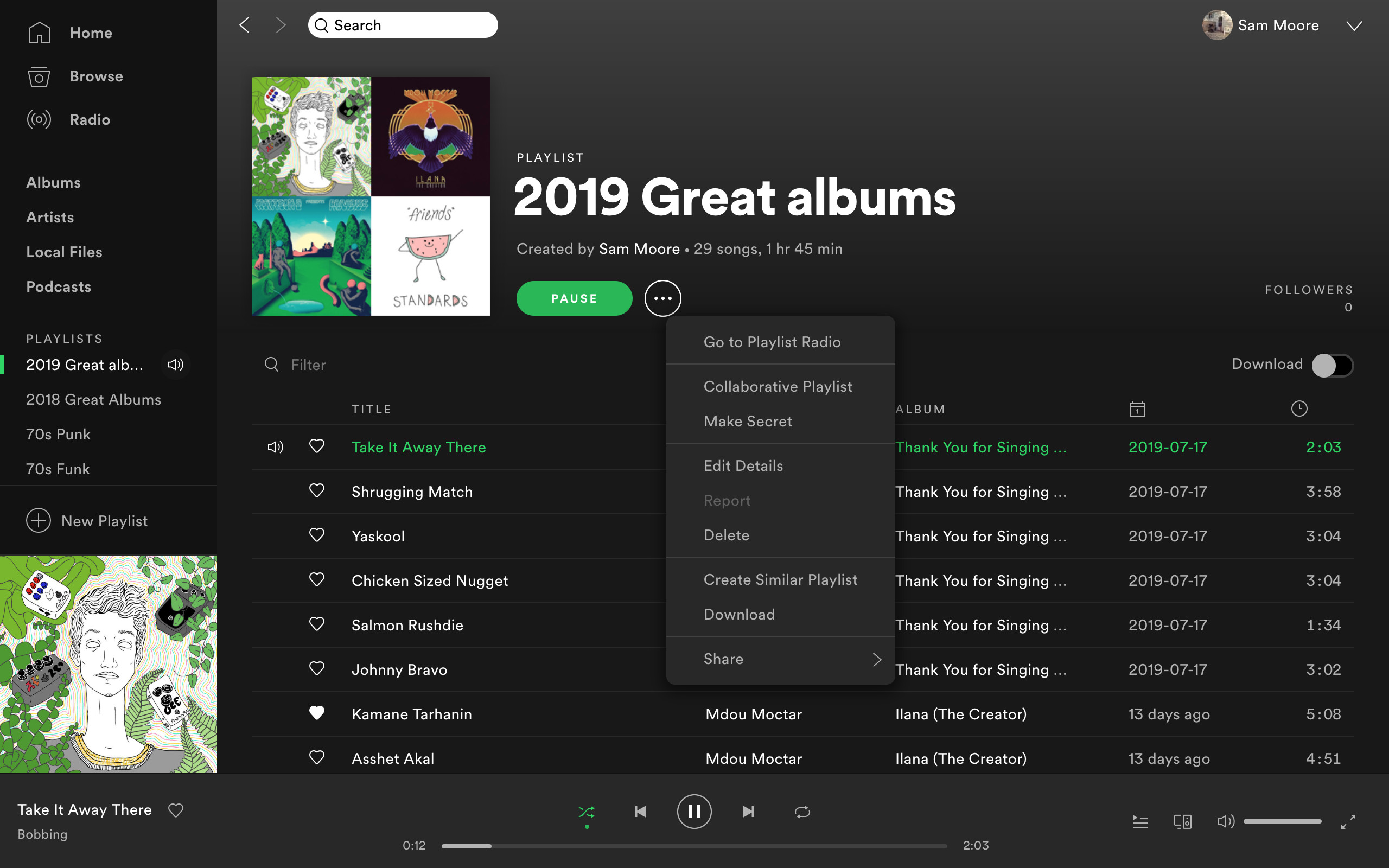 A screenshot of the Spotify online app showing a playlist called &quot;2019 Great Albums&quot;.