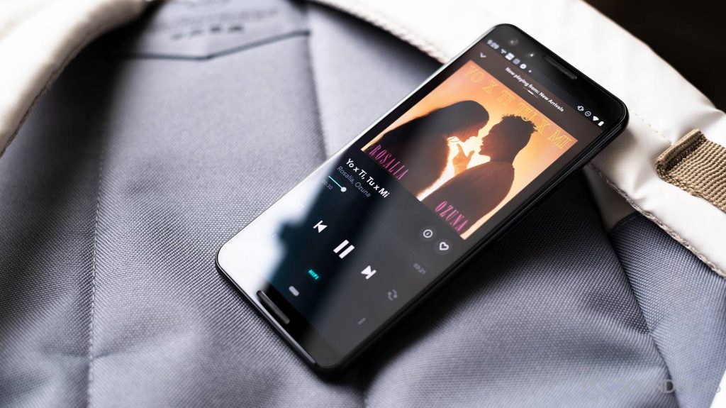 An image of the Tidal HiFi mobile app on a Google Pixel 3, which is resting on the underside of a backpack.