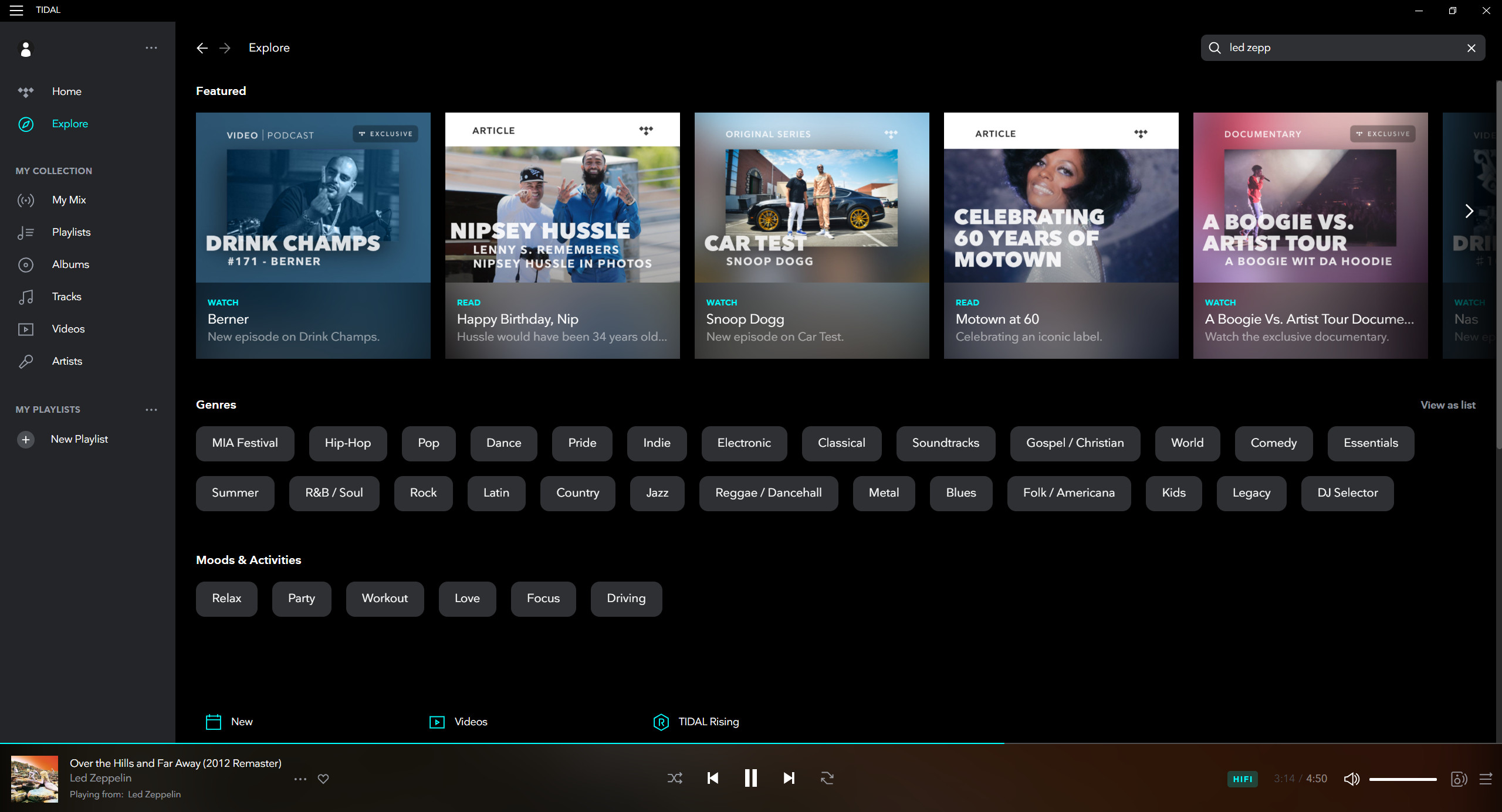 A screenshot of the Tidal HiFi desktop application with the featured playlists and genres page pulled up.