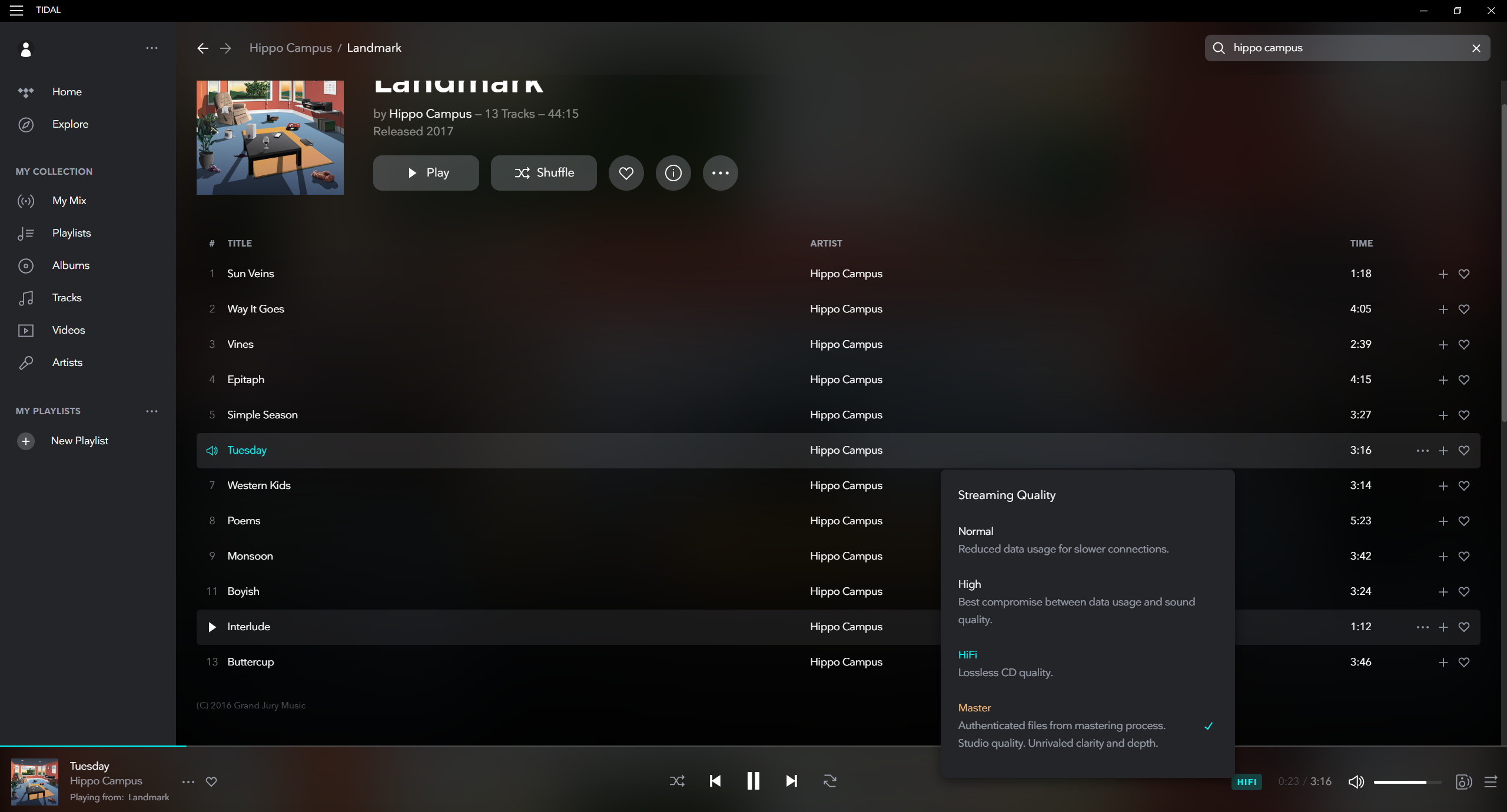 A screenshot of the Tidal desktop app streaming options.