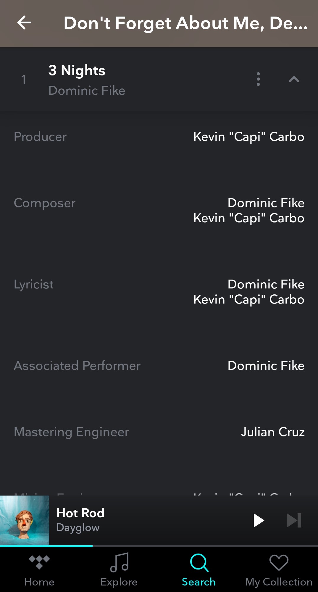 The Tidal HiFi app credits screen displaying various contributors to a song; used to illustrate the differences between Tidal vs Spotify.