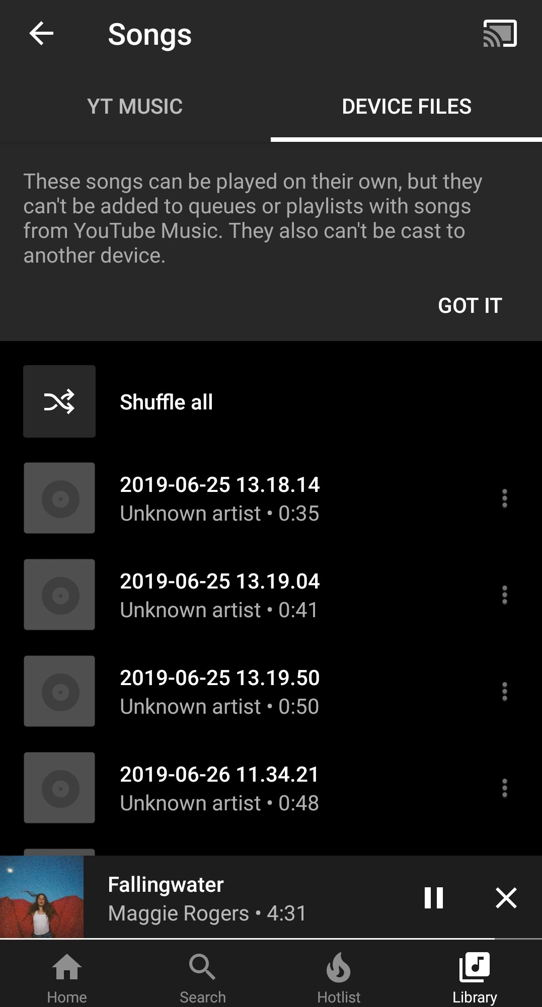 YouTube Music Premium mobile app local files menu.