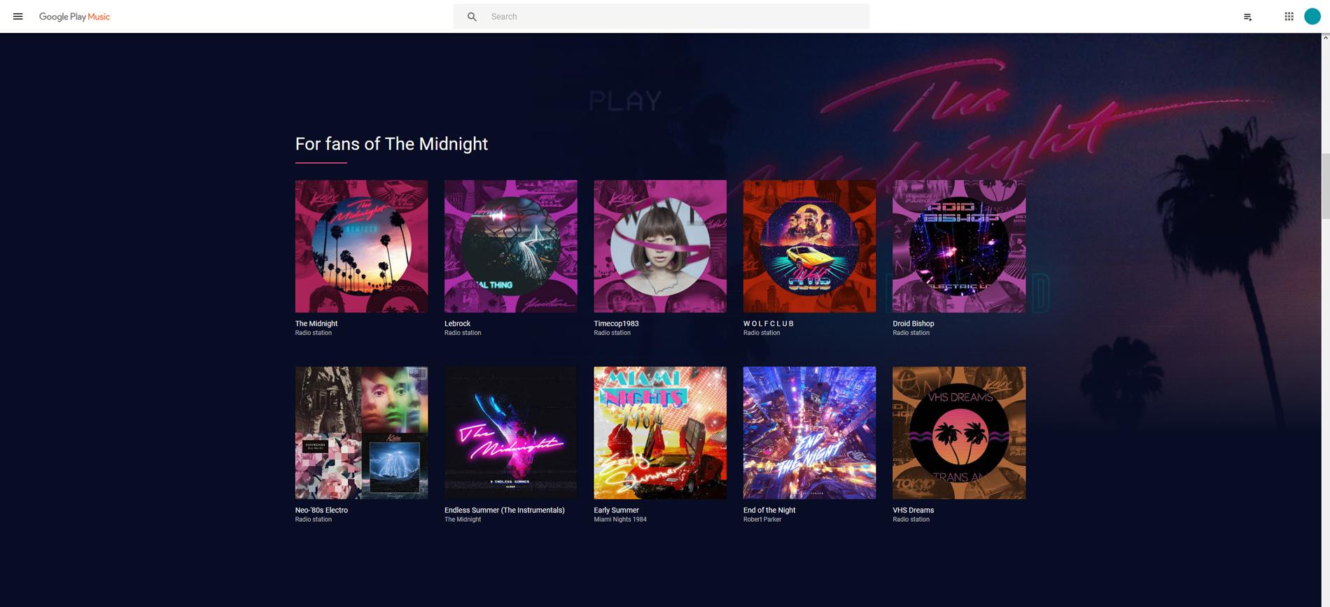 A screenshot of the suggestion screen of Google Play Music on desktop.
