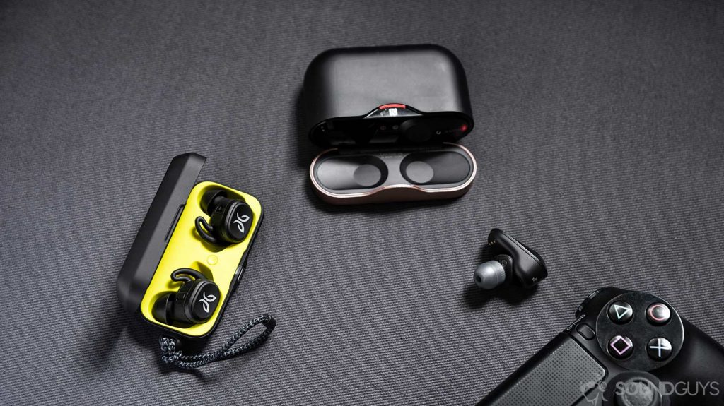 Aerial photo of the Jaybird Vista earbuds next to the Sony WF-1000XM3.