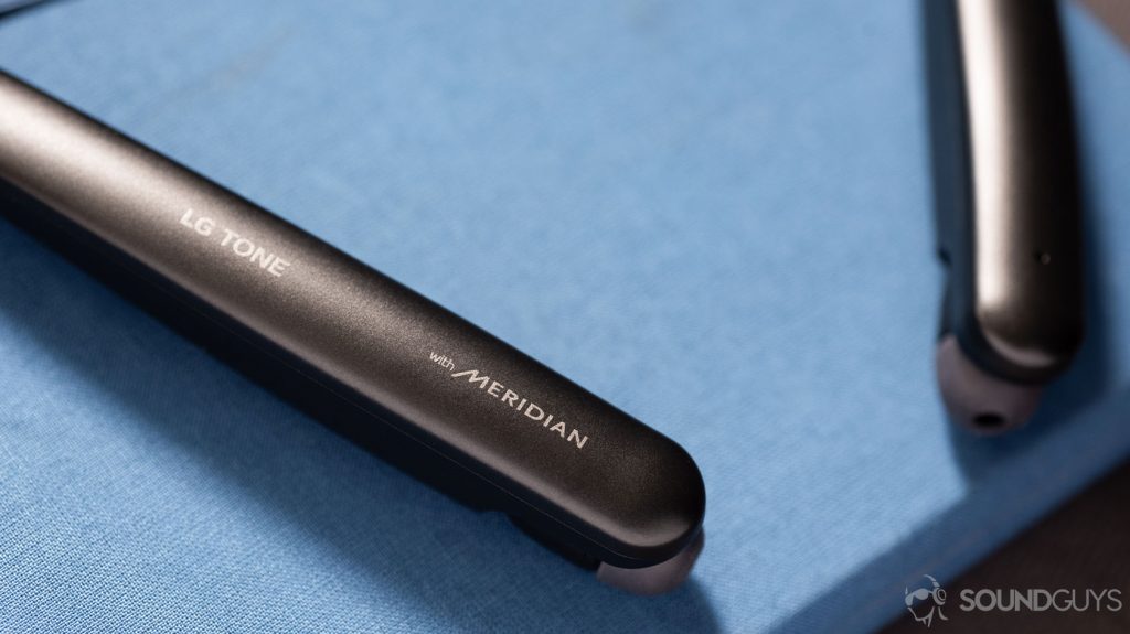 The Meridian Audio logo on the LG Tone Style SL5 neckband.