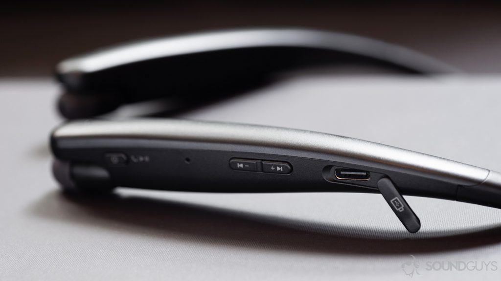 The volume and power buttons next to the USB-C input on the LG Tone Style SL5 neckband.