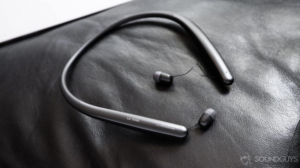LG Tone Style SL5 neckband with earbuds slightly extended from it.