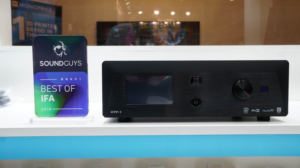 A photo of the Moneprice Monolith HTP-1 next to the SoundGuys Best of IFA award.